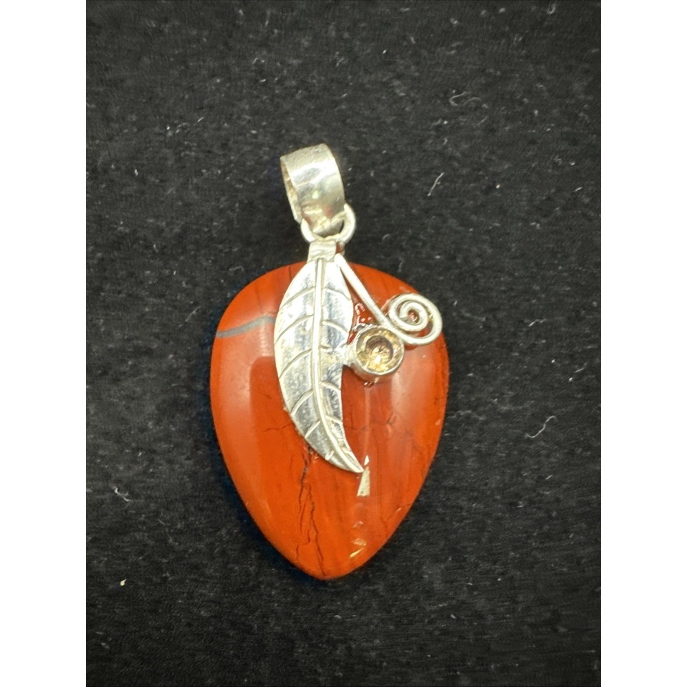 1.25" Natural‎ Red Jasper And Citrine Pendant With 925 Bale - Tear Drop Feather